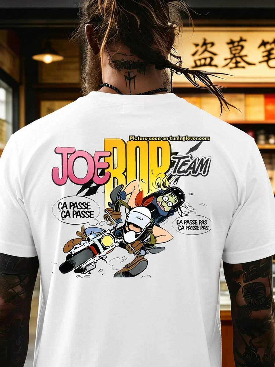 White Christmas T-Shirt For Men With A Joe Rop Cartoon Pattern, French Phrases, And A Motorcycle Design For A Hot Item. - 白色 - 查看 1