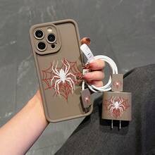 5件組白色蜘蛛手機殼圖案 + 充電頭保護套 + 線材保護套 + 收納繩 TPU 防摔保護殼，適用於 Apple 17 16e 16 15 14 13 12 11 Mini Pro Max Air X XR XSMAX 8 7 Plus，防摔磨砂背殼，智慧型手機保護殼，日常使用殼，時尚手機配件，創意設計，UV 列印設計，時尚保護殼，時尚愛好者，音樂愛好者，生日禮物首選 - 彩色 - 查看 2