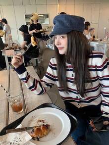 Vintage Colorblock Striped Loose Short Slimming Long Sleeve Knit Cardigan For Women - White - View 3