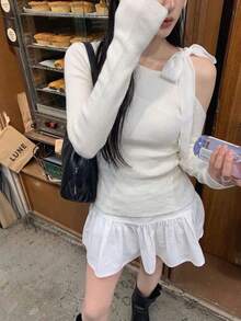 YCYC Autumn/Winter Fashion Elegant Open Shoulder Solid Color Long Sleeve Pullover Top - White - View 7