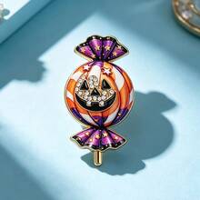1pc Cute Halloween Pumpkin Candy Glass Brooch, Rhinestone Devil Lantern Pin, Halloween Party Fashion Accessory Gift, Metal Enamel Candy Pumpkin Rhinestone Brooch, Fun Halloween Theme Accessory, Can Decorate Clothing And Bags, Suitable As Holiday Gift Small Present - Multicolor - View 2