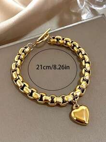 High Color Retention Stainless Steel Heart Pendant Thick Bracelet, Niche Luxury Commuter Versatile Minimalist Heart Box Chain, Premium Couple Jewelry, Thoughtful Holiday Gift - Gold - View 4