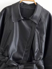Women's New Autumn Fashion Urban Modern Style PU Leather Belt Waist Jacket Black Fall - Black - View 5