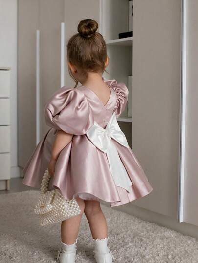 Baby Girls Light Blue Puff Party Dress, Cute And Elegant Princess Dress, Suitable For Girls' 1st Birthday Party, Evening Gala, Ball, Family Gathering, Dinner, Thanksgiving Outfit