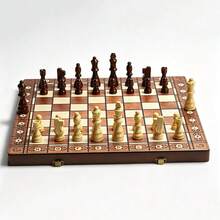 1 Set Wooden Chess Set International Board Vintage Carved Pieces 15inch Retro Vintage Chessboard With Coordinates, Portable Travel Strategy Game Gift For Adults - Multicolor - View 6