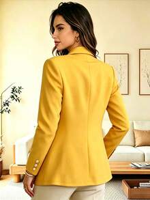 Women's Elegant Fashion Commuter Yellow Regular Fit Lapel Long Sleeve Button-Up Knit Blazer Jacket With Button Details - Yellow - View 4