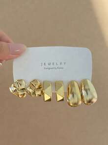 6-18pcs/Set Fashion Creative Heart, Water Drop, Asymmetric Wave, Geometric Polygon Women's Gold Earrings Set, Elegant Versatile, Suitable For Daily Wear - Yellow Gold - View 5