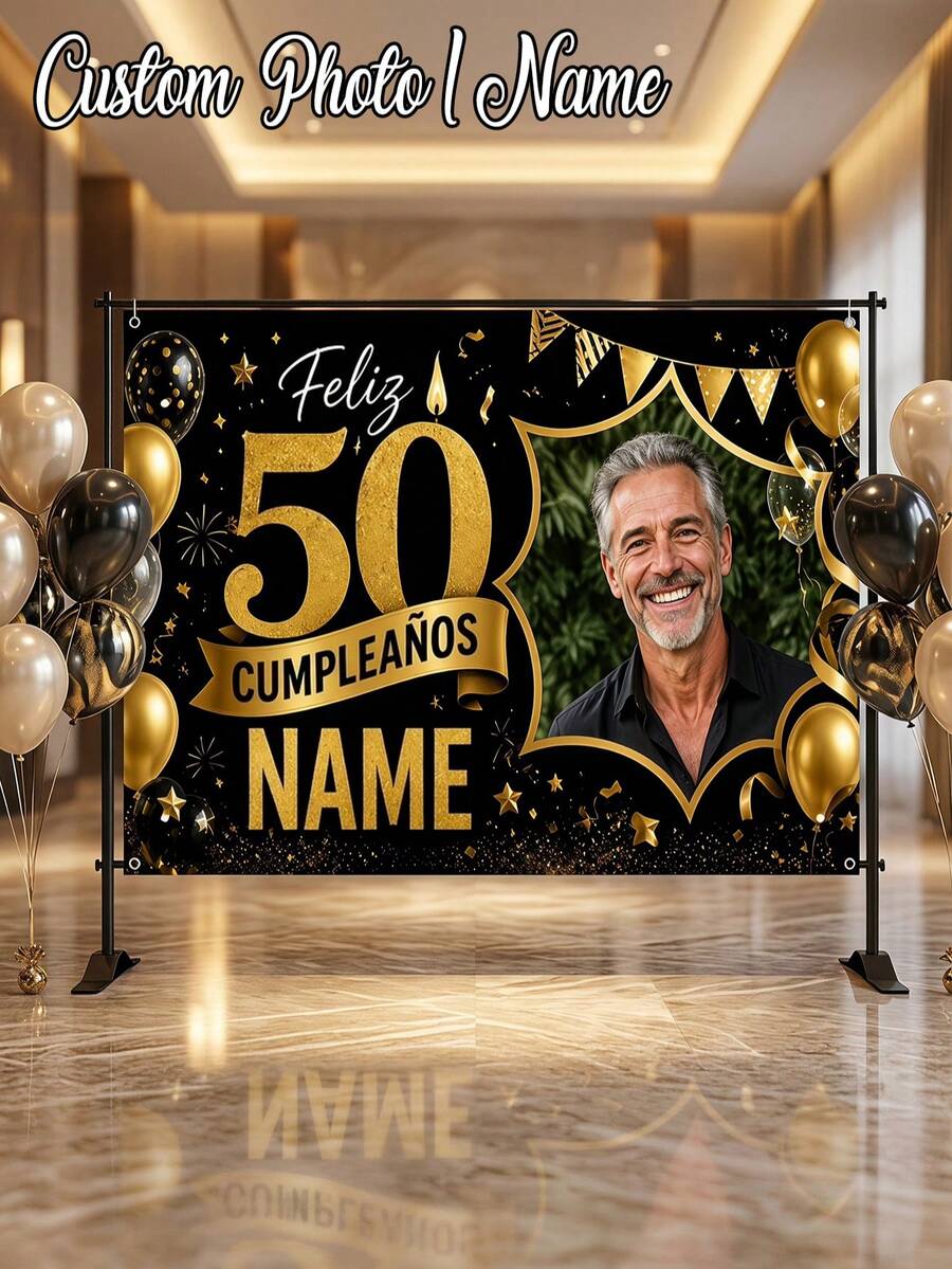 1pc - Customized Happy Birthday Backdrop, Customized Black & Gold Theme Printed Poster - Personalized Birthday Party Customized Photo And Name Poster - Suitable For Party Decorations, Birthday Gifts, Gallery Decor And Photo Props, Party Decorations, Unique Personalized Background Photography And Display, Party Decorations, Multi-Functional, Durable, Highly Decorative, Summer Holiday - Multicolor - View 1