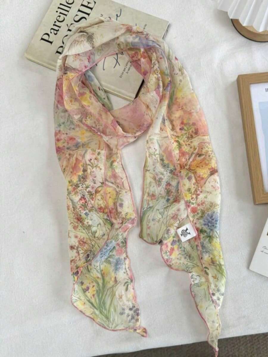 通勤必備優雅領巾領結裝飾,輕盈柔軟圍巾,百搭多套穿搭,女士時尚配件 - 橘綠色 - 查看 1
