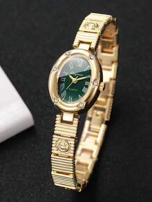 Women's Bracelet Watch Oval Dial With Rhinestones And Roman Numerals, Elegant Quartz Watch, Gift For Girlfriend (1pc/Set) Watch Box Not Included - Gold - View 6
