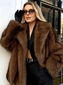 Solid Color Plush Faux Fur Coat, European Comfortable Casual Slimming Sexy Warm Fashionable - Brown - View 8