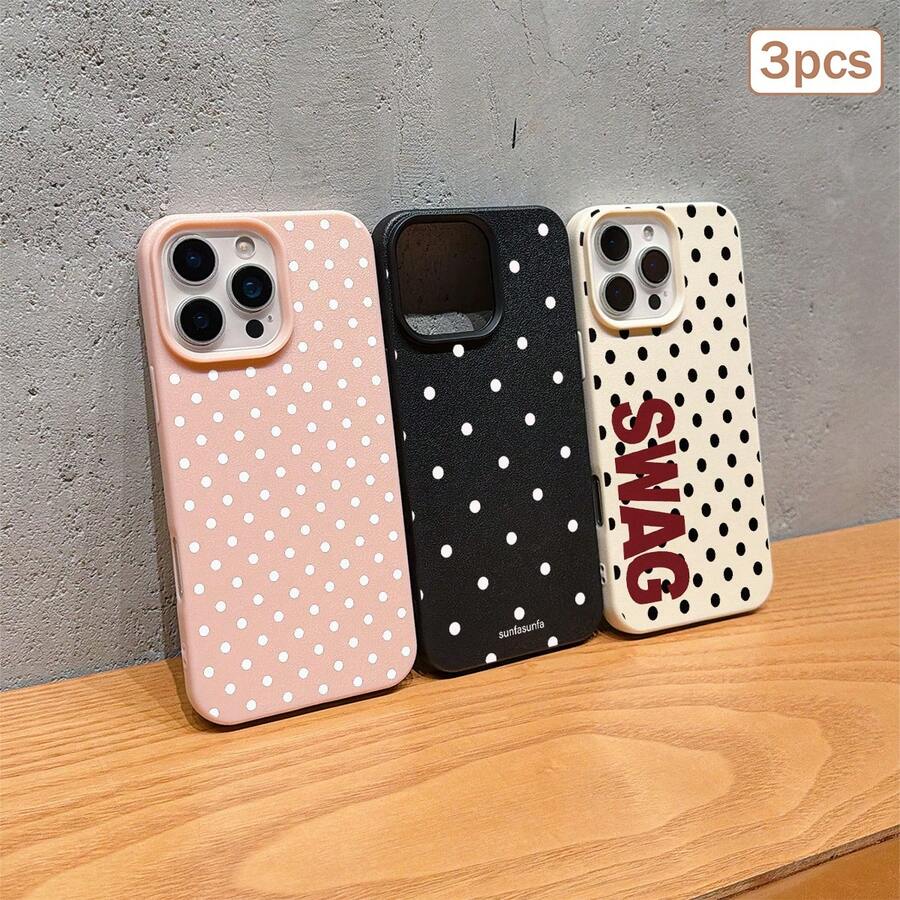 3pcs Black & White Polka Dot Pattern, Large Hole Leather Solid Color Anti-Drop Phone Protective Case, TPU Material, Suitable As Holiday Gift, Compatible With Apple XS/XS Max/XR/11/12/13/14/15/16 Pro/Pro Max/14/15/16 Plus/17, Unisex - Multicolor - View 1