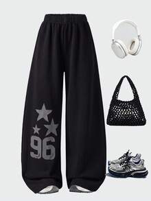 Lurzo Girls' Y2K Casual Retro Straight Leg Pants, Vintage Number 96 + Five Star Print, Comfortable Drape, Suitable For Campus And Outdoor - Black - View 4