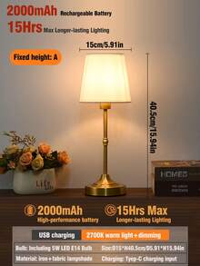 1pc Adjustable Height Fabric Lamp, USB Rechargeable Long-Lasting Battery, LED Touch Control Dimmable Desk Lamp, Portable For Indoor/Outdoor Use, Stylish Design For Bedroom, Living Room, Dining Room, Camping, Holiday Gift - Height-adjustable Fabric Table Lamp - View 17