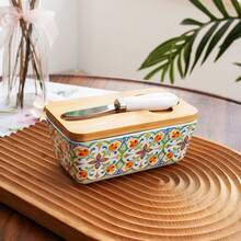 1 Set Ceramic Butter Dish With Bamboo Lid And Knife, Airtight Silicone Seal Butter Box, Suitable For Kitchen Countertop And Refrigerator, Perfect Baking Gift - View 6
