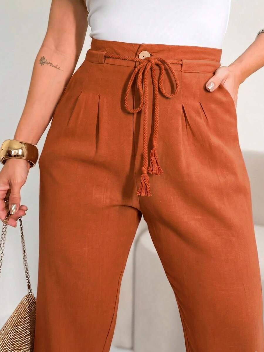 Women's Linen High Waist Trousers With Elegant And Detailed Rope Belt And Pence - Marrón - Ver 1