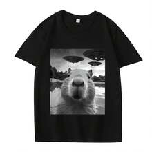 Funny Capybara T-Shirt With UFO Print For Men And Women, 100% Cotton Oversized, Great , Unisex Short-Sleeve Summer Print T-Shirts. - Shape - View 1