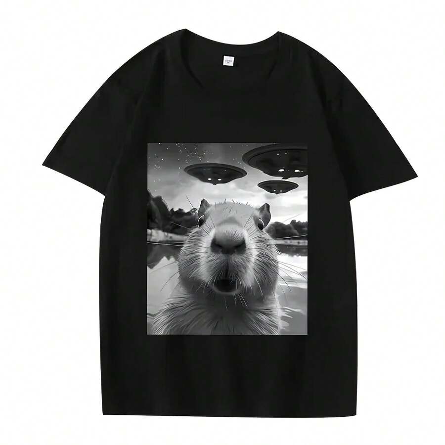 Funny Capybara T-Shirt With UFO Print For Men And Women, 100% Cotton Oversized, Great , Unisex Short-Sleeve Summer Print T-Shirts. - Shape - View 1