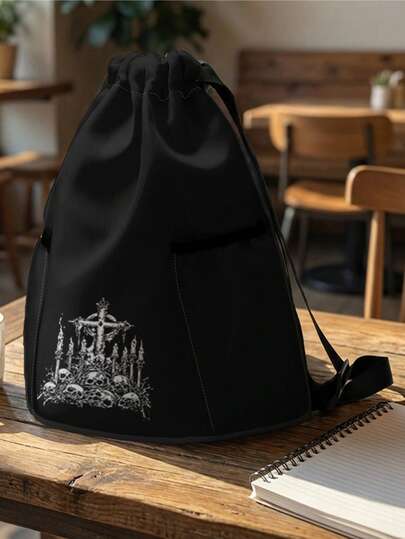 1PC Drawstring Backpack, Drawstring Bag, Sports Backpack, Large Capacity & Lightweight, Outdoor Travel Fitness Storage Bag, Skull Pattern Print, Easily Stores Sports Gear And Changing Clothes