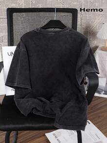 Atasan Pria Hemo Kerah Bulat Lengan Pendek Sederhana untuk Komuter, Kaos Kasual Harian dengan Motif Cuci - Hitam - View 2