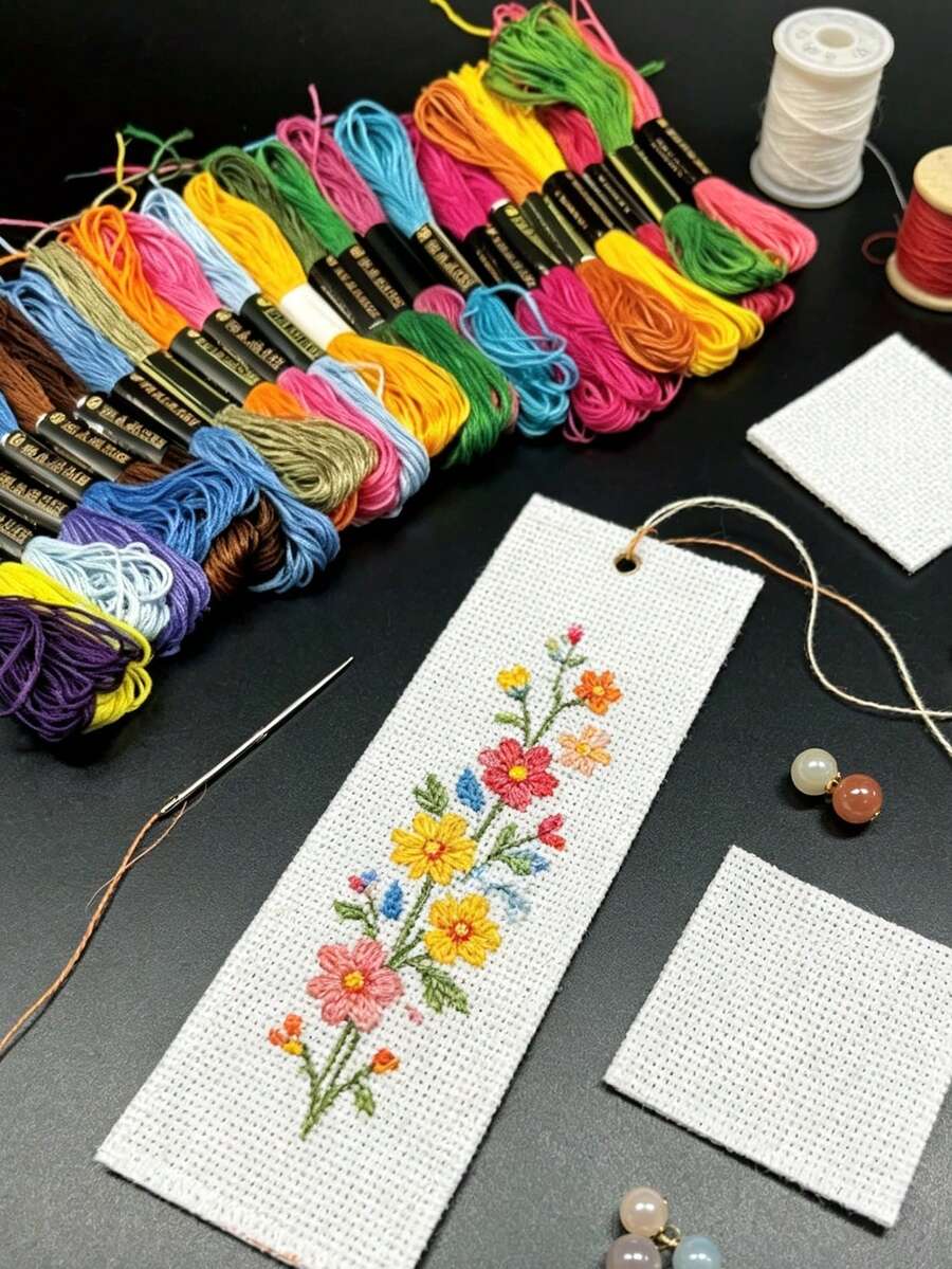 [30件組]DIY十字繡書籤套件，6件7*19cm預裁小格刺繡布料搭配24色隨機刺繡線，易於縫製，適合學生消遣、初學者練習縫紉，手工個性化書籤禮物 - 套裝 - 查看 1