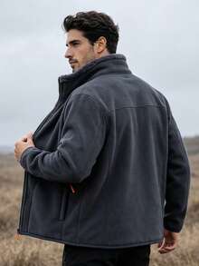 1pc Men's Dark Gray Stand Collar Fleece Jacket, Contrast Zipper Design Thickened Outdoor Hiking Fleece Top, Suitable For Young Men - Dark Grey - View 2