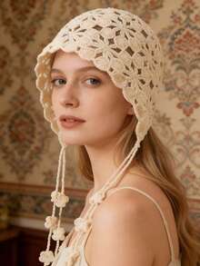 1pc Women's Spring/Summer Handmade Knitted Mesh Hollow Coin Flower Design Elegant Breathable Thin Knit Hat - A - View 2