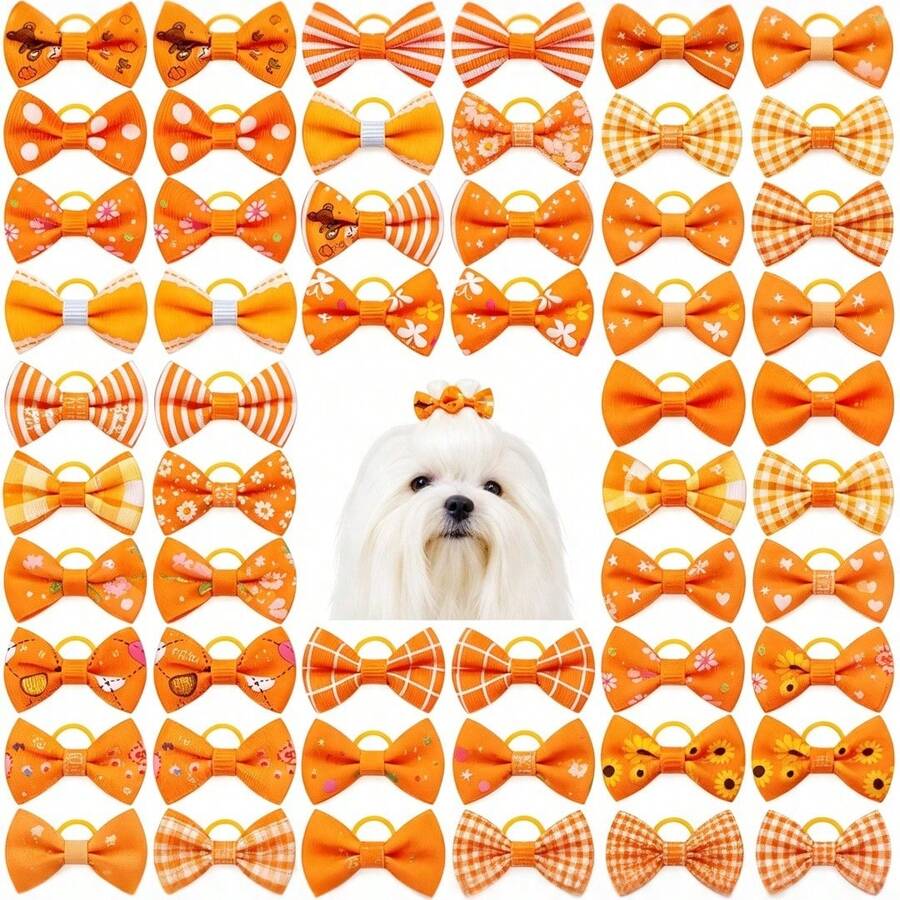 15/60pcs Autumn Orange Flower Grid Pet Bow Hair Ornament - Bright Autumn Theme Pattern, Suitable For Teddy Marzis Small And Medium Sized Dogs And Cats - Perfect For Daily Festival Beauty - Multicolor - View 1