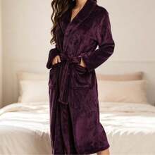 Women's Autumn/Winter Thick Coral Fleece Bathrobe, Long Design, Lapel Collar With Waist Tie, Soft And Warm, With Pockets, Suitable For Home Use As Morning Robe Or Bathrobe - Purple - View 5