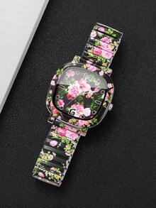 Women's Square Printed Quartz Watch, Elastic Stretch Band Printed Dial Design Wristwatch, Exquisite Gift For Girlfriend (1pc/Set) Watch Box Not Included - Black - View 8