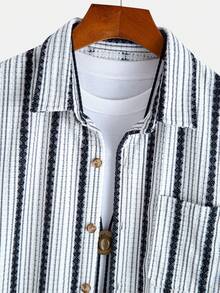 GOLDREDY Spring/Autumn New Men's Textured Vertical Striped Shirt, Vintage Jacquard Fabric, Single Pocket, Loose Fit, Lapel Collar, Long Sleeve Casual Shirt Outerwear Top - White - View 4