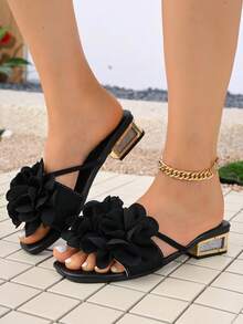 Sandalias de moda con decoración floral para mujer, casuales versátiles para playa de verano, con tacón de cristal, estilo minimalista - Negro - Ver 4