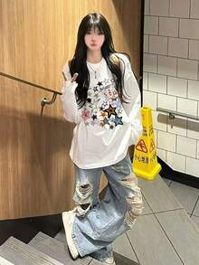 Lazy Casual Long Sleeve T-Shirt, Colorful Star Print, Autumn Street American Design Crew Neck Top White - White - View 4