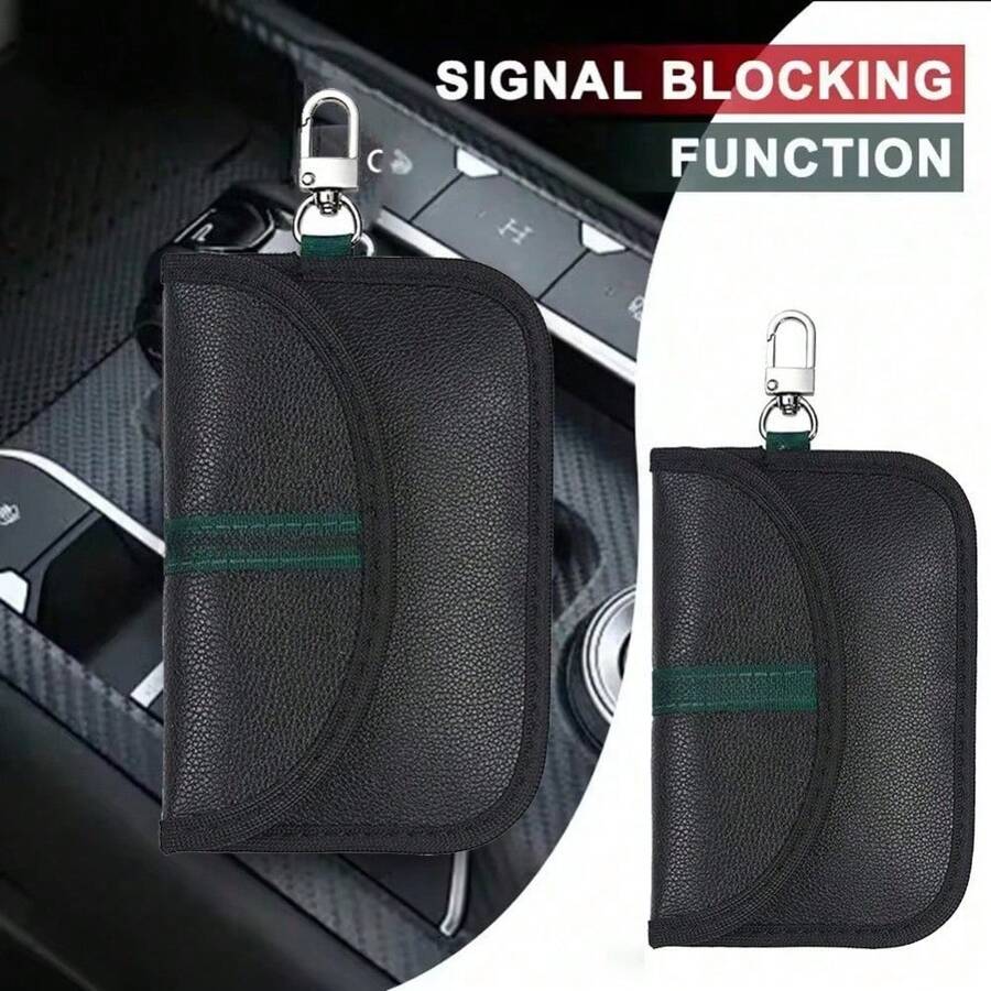 Pack Of 2 Portable PU Car Key Protection Bags Equipped With Carry Hook,Durable Vehicle Key Fob Cover Pouch For Outdoor Travel And Everyday Key Storage - Black - View 1