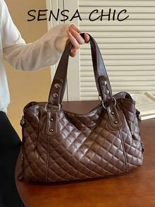 Classic Quilted Embossed Decor Durable Multi-Compartment Zipper Closure Relaxed Vintage Tote Bag, Professional Outdoor Travel Bag, Handheld Shoulder Crossbody Bag, Elegant Texture Women's Bag - Coffee - View 1