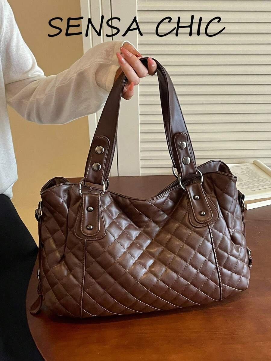 Classic Quilted Embossed Decor Durable Multi-Compartment Zipper Closure Relaxed Vintage Tote Bag, Professional Outdoor Travel Bag, Handheld Shoulder Crossbody Bag, Elegant Texture Women's Bag - Coffee - View 1