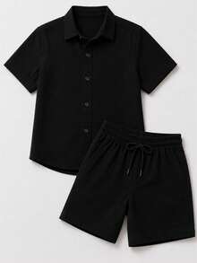 Children's Set Boy Shirt And Shorts Comfortable In Viscolinho - Black - View 1