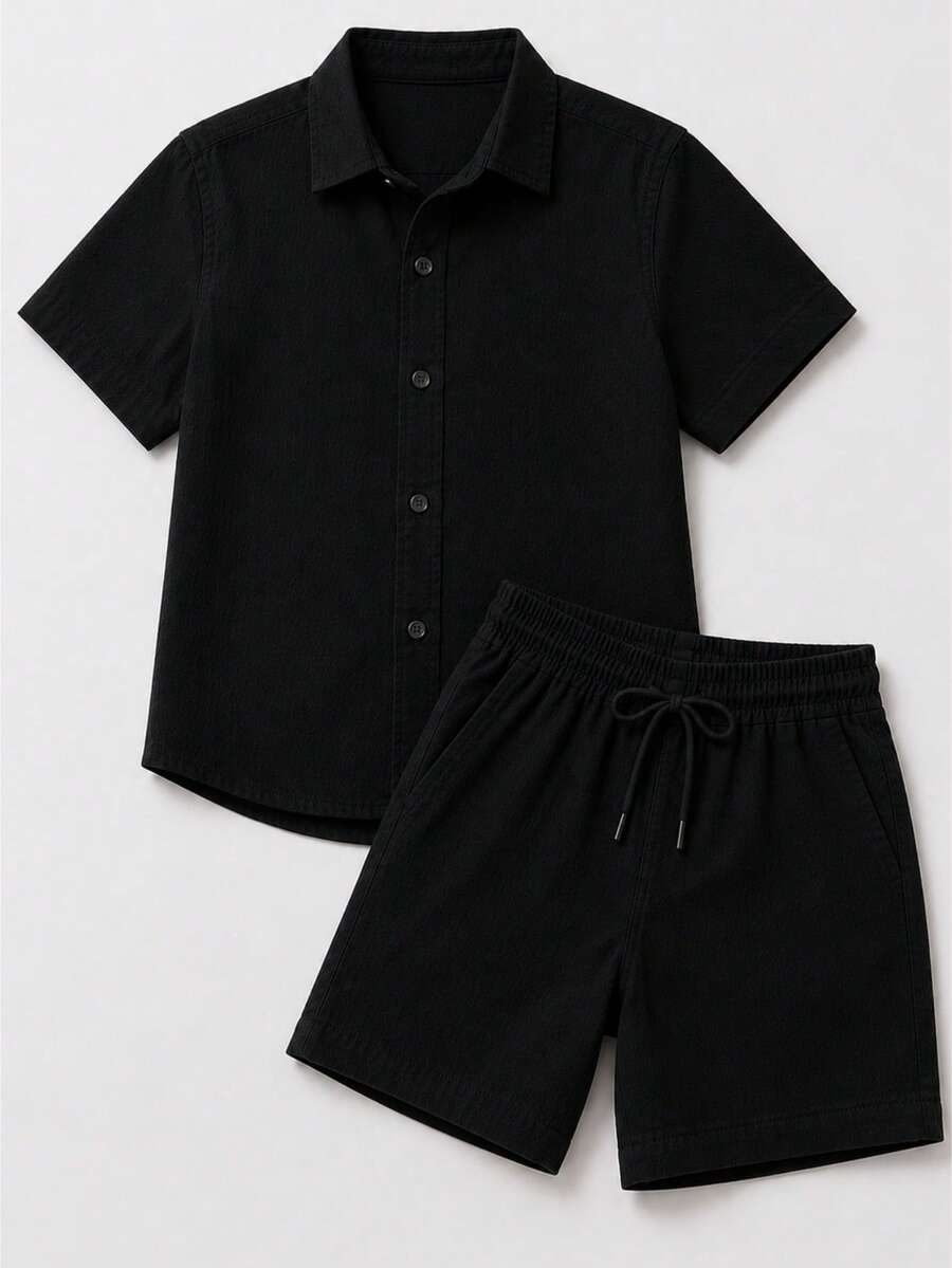 Children's Set Boy Shirt And Shorts Comfortable In Viscolinho - Black - View 1