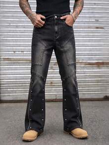 1pc Men's Stretch Denim Jeans, Zipper And Beaded Design, Street Style, Solid Color Versatile, Suitable For Daily Wear - Black - View 5