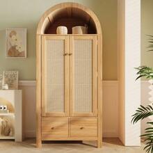 Wardrobe 181x78x45 Cm With Rattan Weave, Country Style In Oak Finish, Open Semi-Circular Shelf, 2 Doors With Magnetic Closure, 2 Drawers, Clothes Rail And Tip-Over Protection - 駝色 - 查看 6