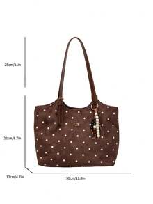 Large Capacity Polka Dot Print Shoulder Bag, Fashion Tote Bag With Pendant, Suitable For Daily Outings, Dates, Commuting - Coffee - View 7