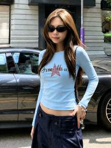 Early Autumn Star & Letter Print Unique T-Shirt For Women, American Street Style Round Neck Inner Layer Sky Blue Long Sleeve Top Casual - Sky Blue - View 1
