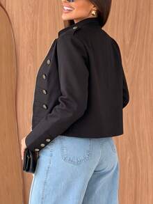 Women's Autumn Black Stand Collar Double-Breasted Metal Button Short Jacket Vintage Zipper Commuter Jacket - Black - View 3
