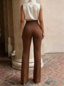 Women's Fashion Slim High Waist Flare Leg Pants, Multiple Colors Available - Coffee Brown - View 2