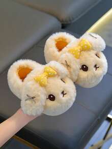 1 Pair Kids Fuzzy Slippers With PVC Sole, Anti-Slip & Warm, Indoor/Outdoor Wear, Cartoon Rabbit Design, Winter New Cute Full-Back Fuzzy House Shoes For Boys & Girls - Yellow - View 3