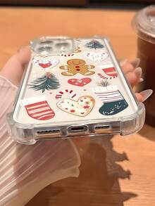 1pc Transparent Four-Corner Airbag Anti-Drop Phone Case, Christmas Atmosphere Phone Case, Transparent Base + Gingerbread Man & Christmas Socks Pattern, Raised Camera Lens, Non-Yellowing Soft Shell, Compatible With Apple 11, 12, 13, 14, 15, 16, 17 Pro Max Models, Summer Beach Style Phone Case, Suitable For Women And Girls, Compatible With Galaxy, Honor, Phones - Clear - View 4