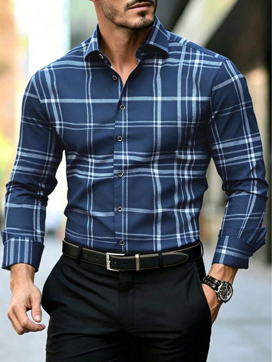 Kemeja Kasual Pria dengan Motif Kotak-kotak untuk Berbagai Acara, Makan Malam dan Bisnis - Hadiah Penting untuk Pria - Navy Blue - View 1