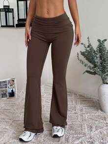 Pantalones de yoga GLAMSKIN para mujer con cintura plegada y pierna acampanada para otoño, leggings ajustados de alta elasticidad con corte bootcut, estilo deportivo Y2K para fitness y uso casual largo - Marrón - Ver 6