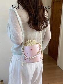 Pearl Beaded Colorful Rhinestone Metal Star Decor Ruched Texture Detachable Metal Chain Portable Drawstring Bucket Bag For Women, Sweet Round Cylinder Handbag For Travel, Shopping, Dating, Exquisite Niche Crossbody Shoulder Bag, Fresh Versatile - Pink - View 6