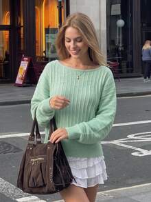 Autumn Ladies Mint Green Pullover Sweater Wide Boat Neck Oversized Puff Long Sleeve Rib Knit Halloween Costume - Mint Green - View 8